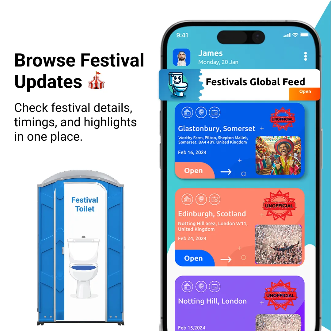 The festivals global feed in CrapAdviser, listing events with their venue address and date