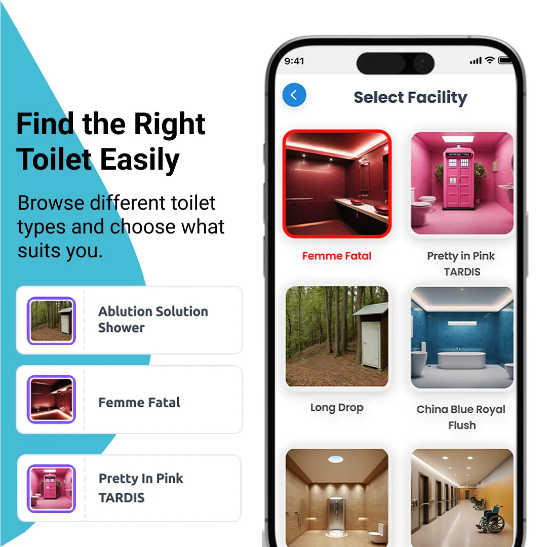 The Select Facility screen in CrapAdviser, showing photographs of different toilet types to choose from