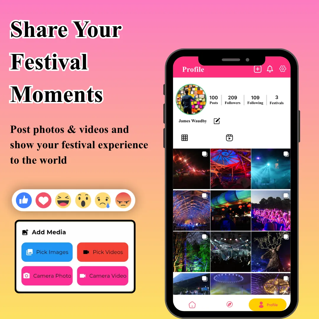 Festie Bestie profile screen showing a grid of festival photos, follower counts and options to add images or video