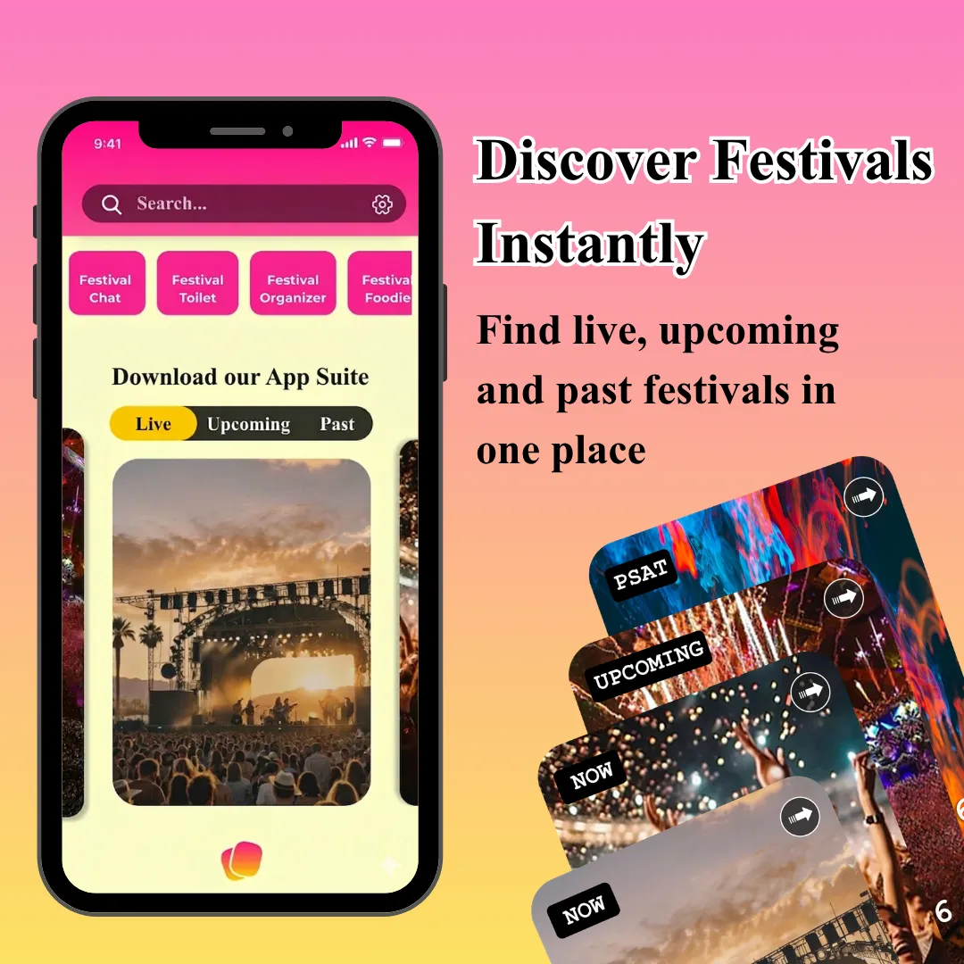 Festie Bestie home screen with a search bar and Live, Upcoming and Past tabs for browsing festivals
