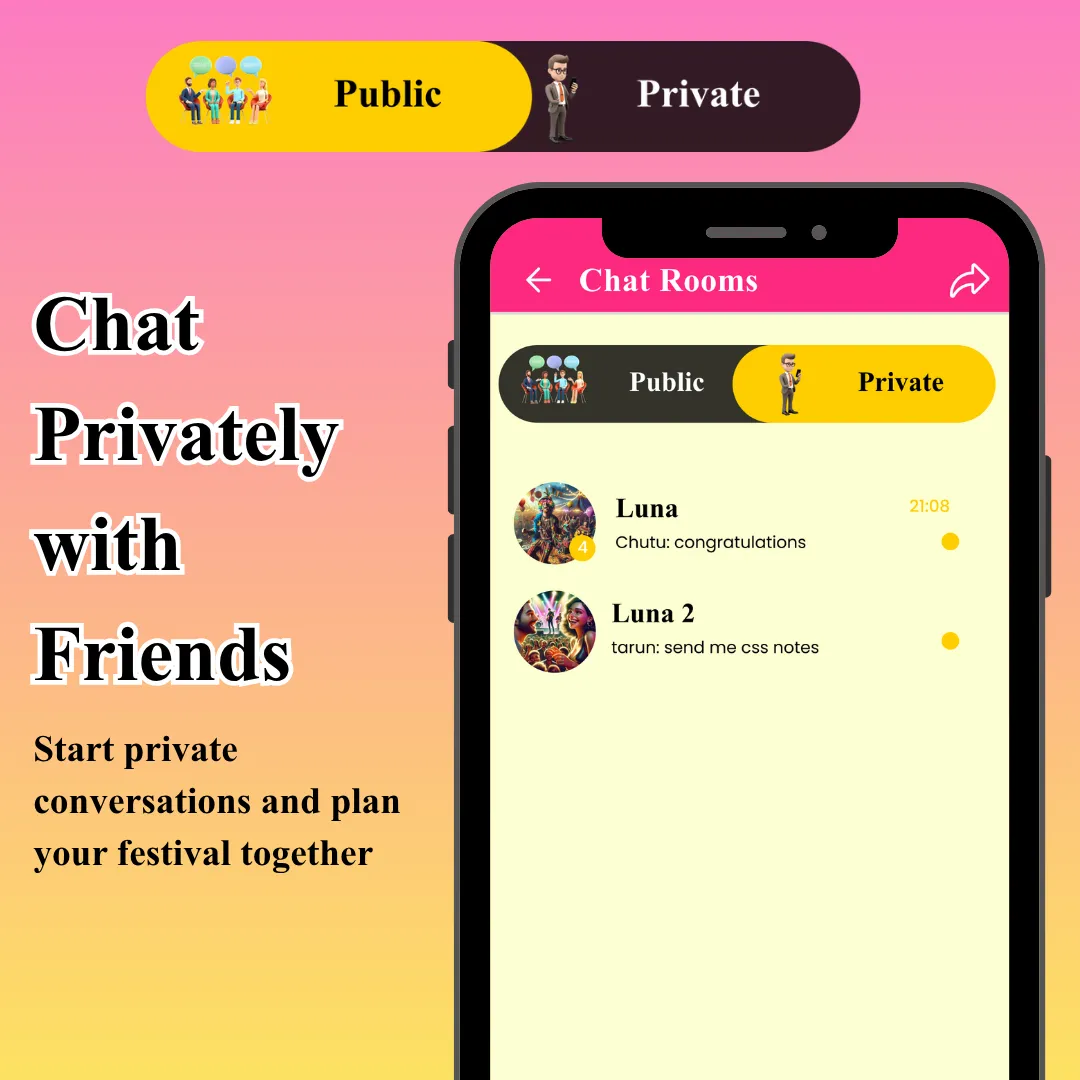 Private chat rooms in Festie Bestie, listing recent conversations with friends