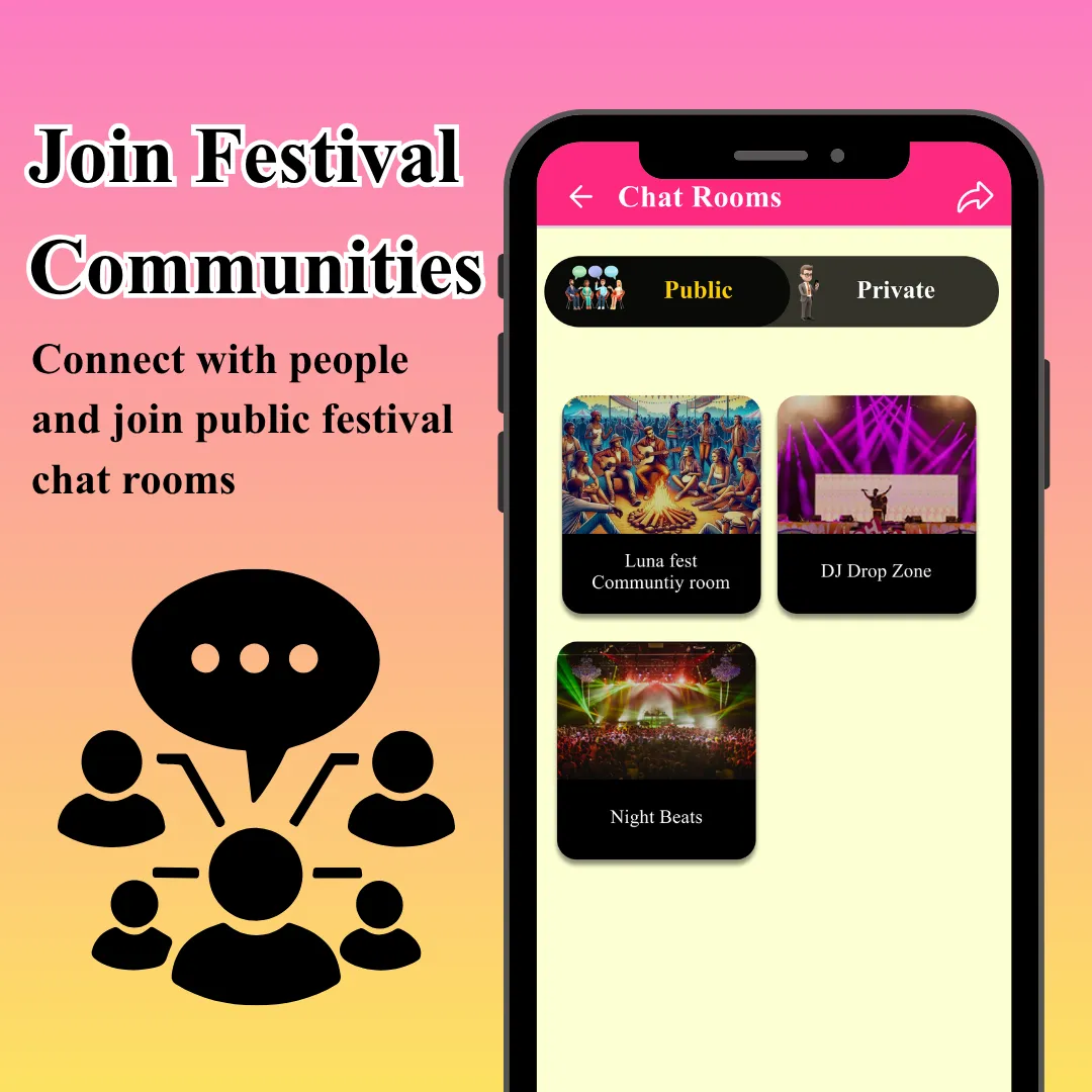 Public festival chat rooms in Festie Bestie, shown as a grid of joinable community rooms