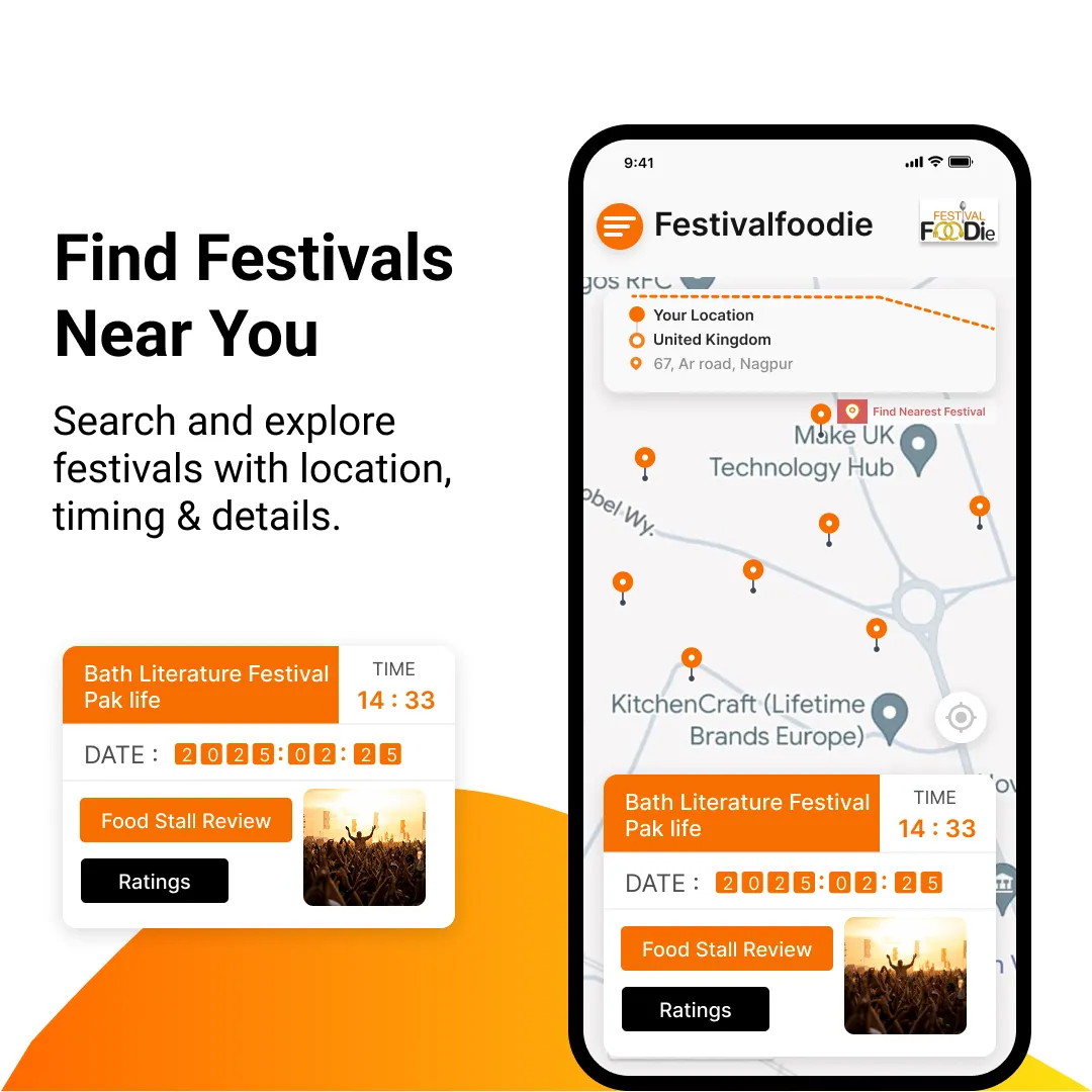A map in Festie Foodie showing food stall pins near the user, with an event card and review links