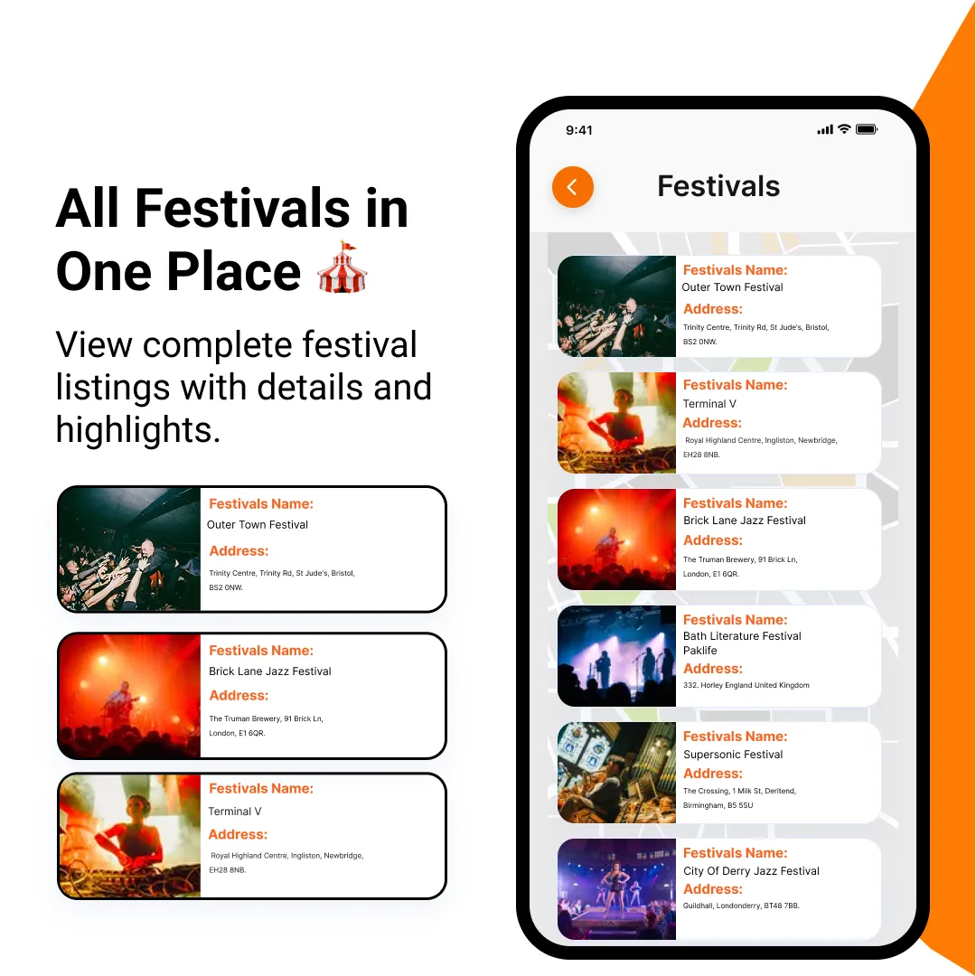 Festival listings in Festie Foodie, each with the event name and full venue address