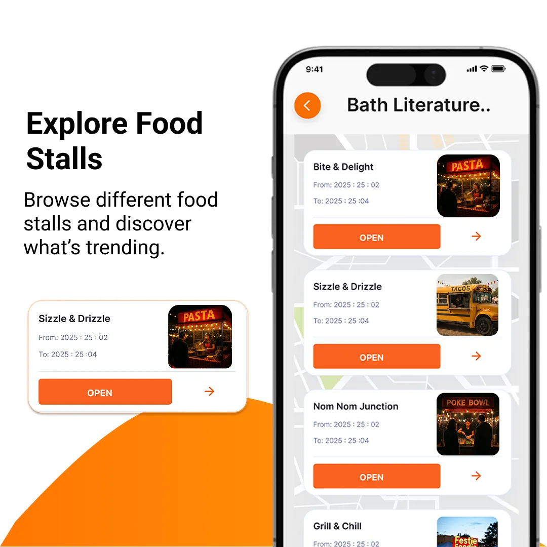 A list of food stalls at an event in Festie Foodie, with trading times and an open button for each