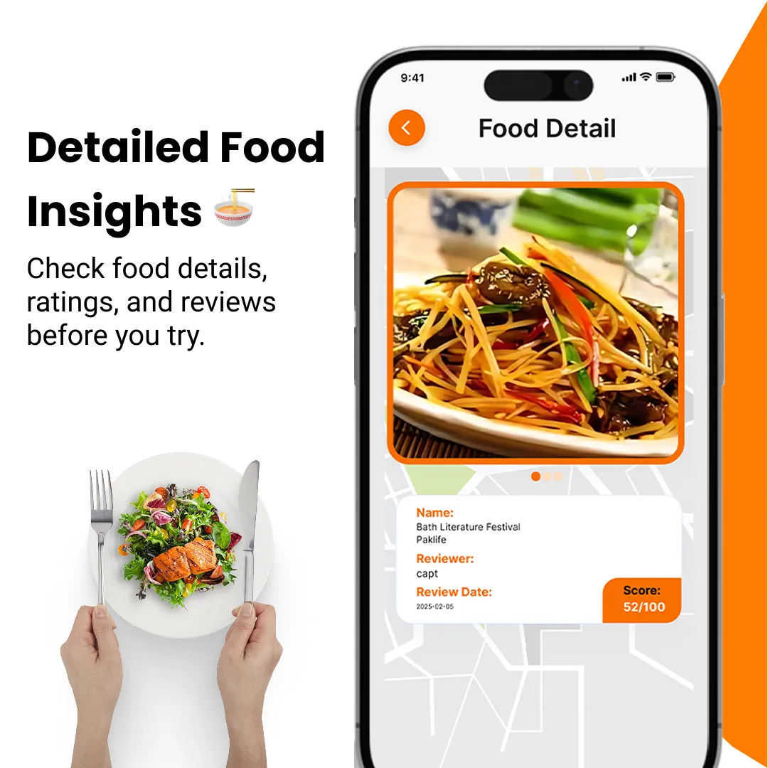 A food detail screen in Festie Foodie showing a dish photograph, the reviewer and the overall score