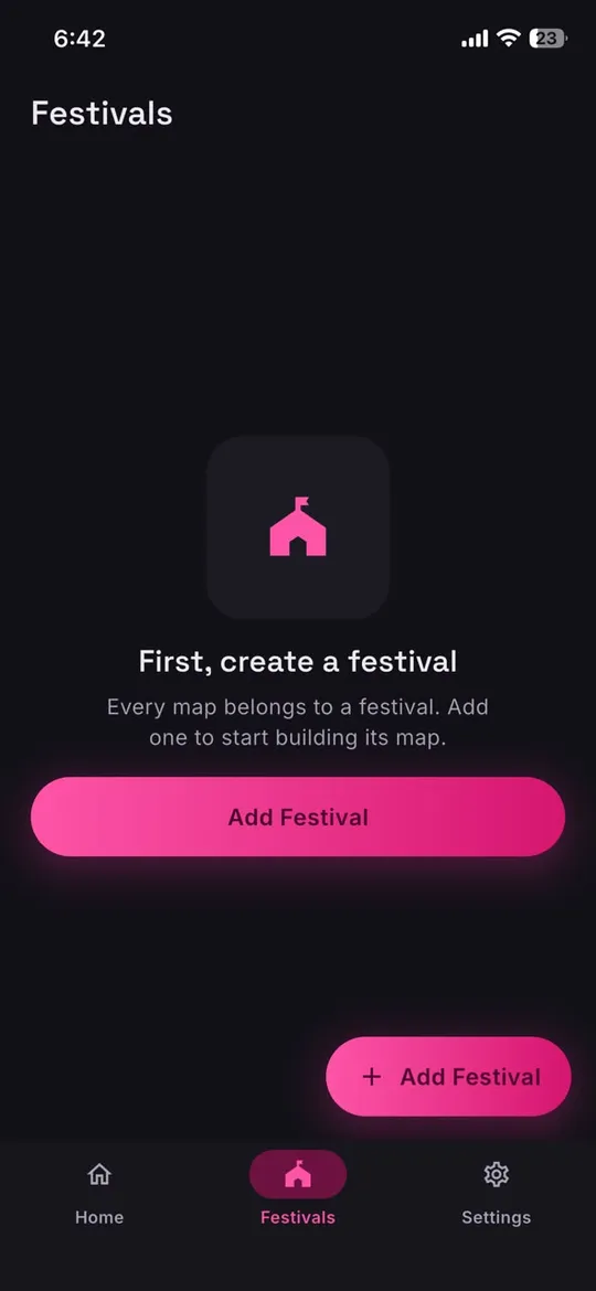 The Festivals screen in the Festival Mapp App, prompting the organiser to create a festival before building its map