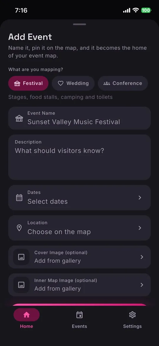 Adding a festival in the Festival Mapp App — choosing the Festival event type for stages, food stalls, camping and toilets, with fields for name, dates, location and cover image