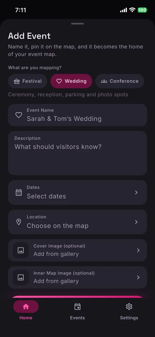 Adding a wedding in the Festival Mapp App — the Wedding event type covering ceremony, reception, parking and photo spots