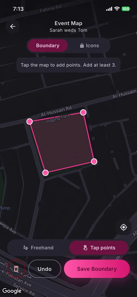 Drawing the site boundary in the Festival Mapp App by tapping points on the map, with freehand and tap-to-place modes, undo and save