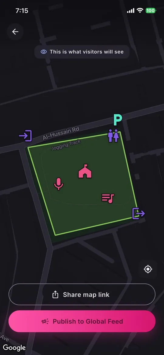 A finished event map in the Festival Mapp App showing the site boundary with pins for the main stage, live music, toilets, parking and entrances, ready to share or publish