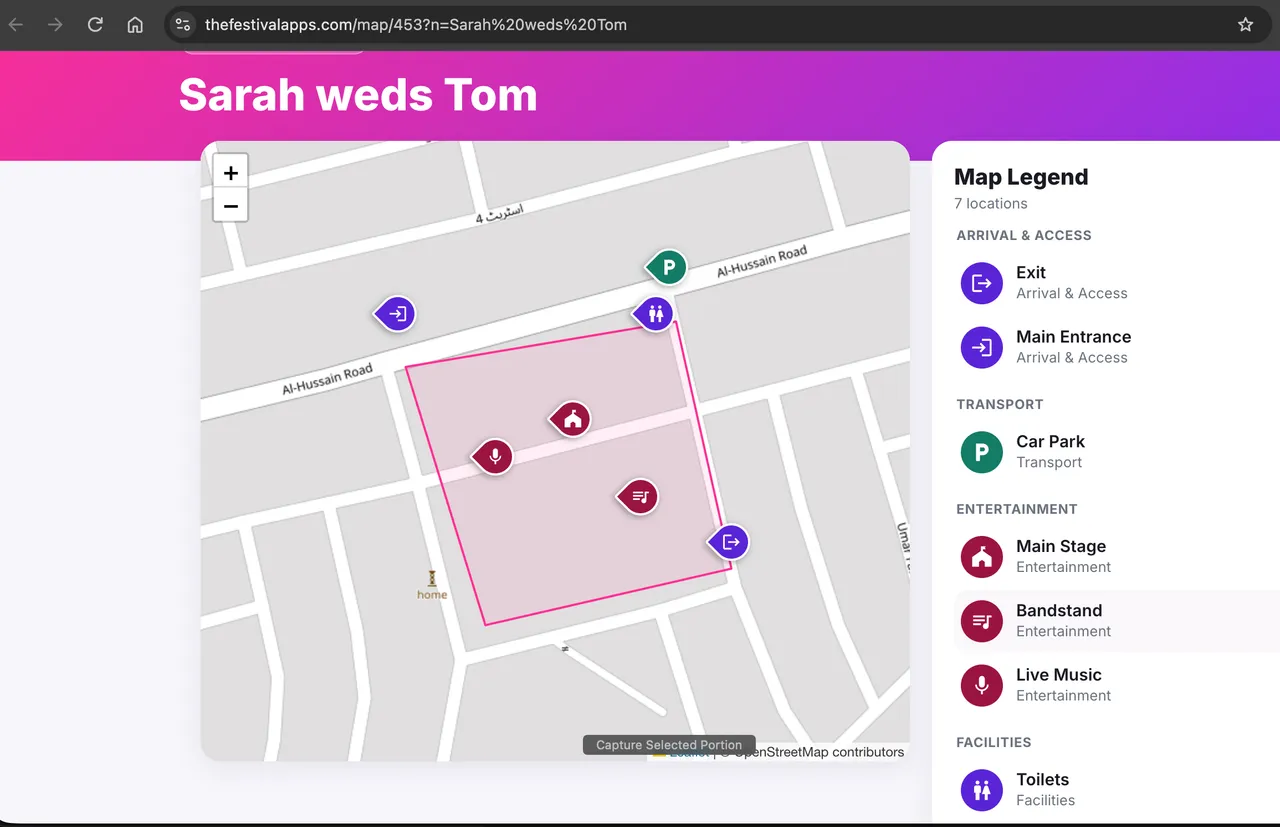 An event map built in the Festival Mapp App, open in a web browser with a legend listing the entrances, car park, main stage, live music and toilets