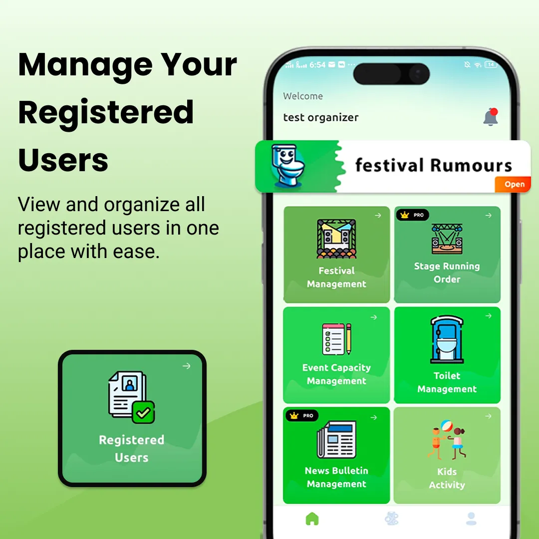 The Genie organiser home screen with tiles for festival management, stage running order, event capacity, toilet management, news bulletins and kids activity