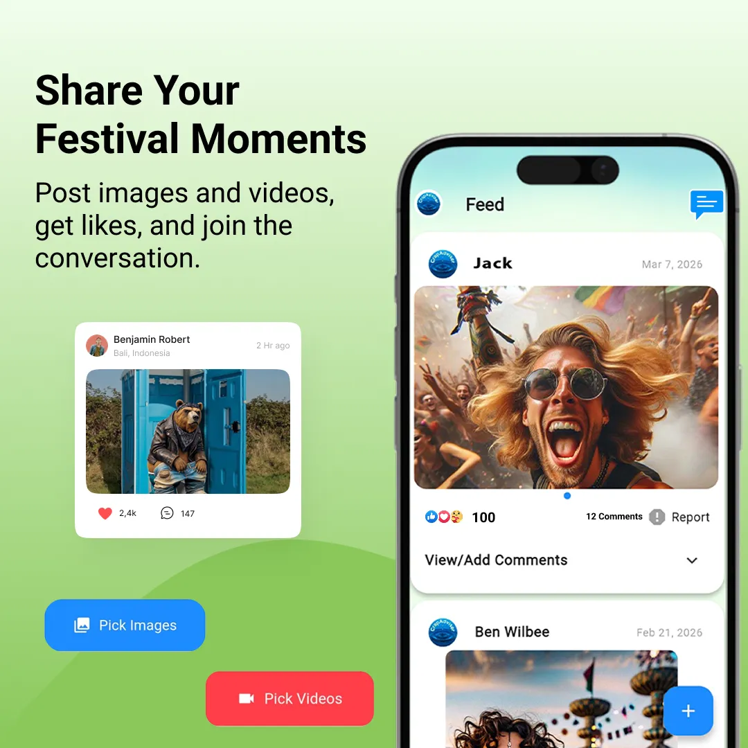 The Genie feed, showing posts from an event with reactions and comment counts