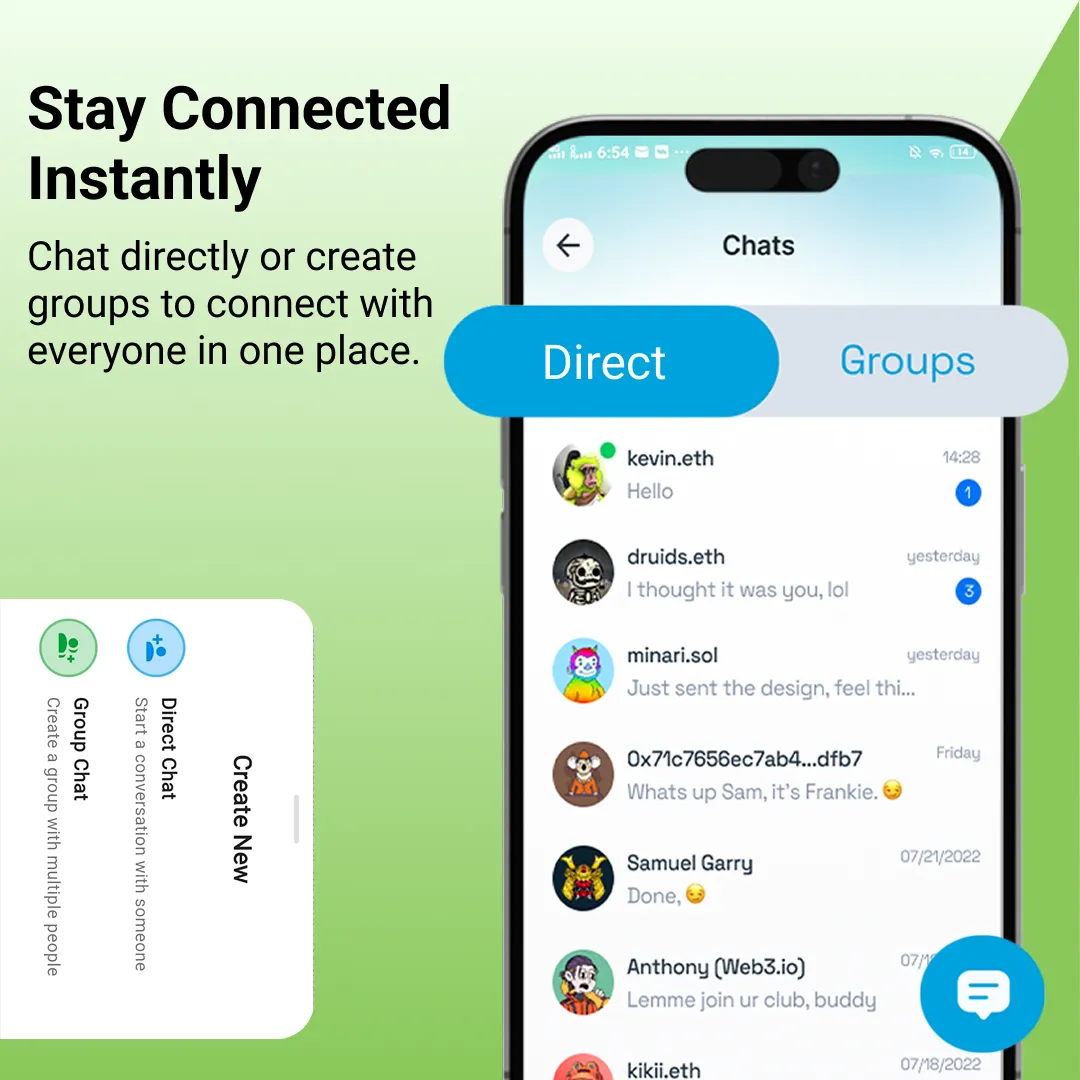 Direct and group chats in Genie, letting organisers message their crew in one place