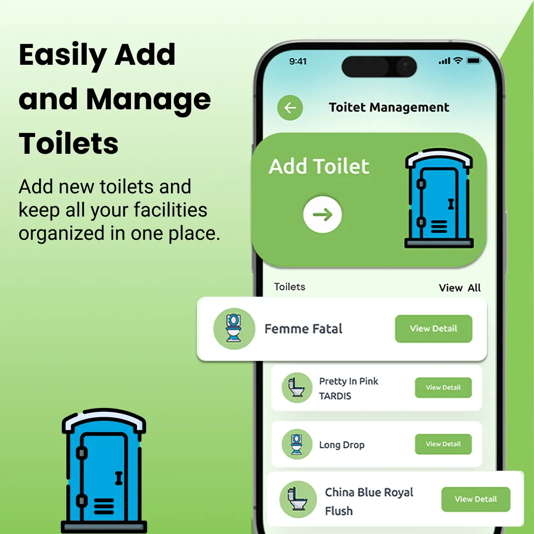 Toilet management in Genie, listing individual facilities with an option to add a new one