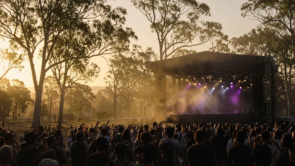 Illustration: crowd dancing at an outdoor electronic music stage in a park at golden hour
