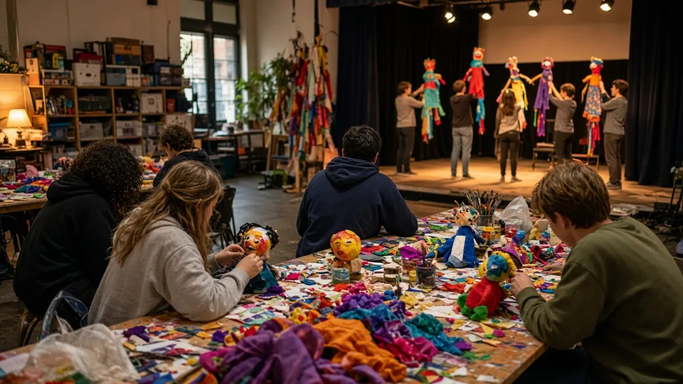 Illustration: teenagers making puppets and rehearsing on stage in a community arts venue