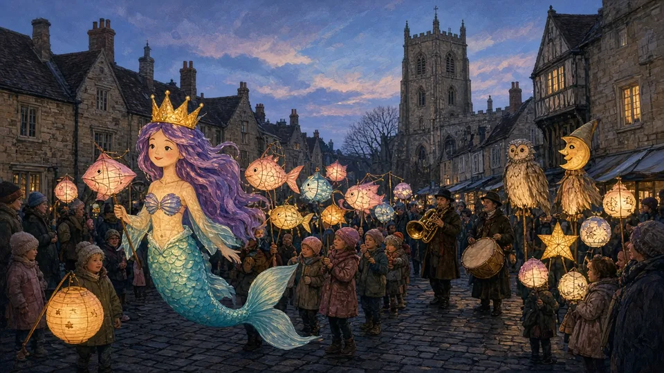 Illustration: children and families carrying glowing handmade lanterns, including a mermaid, through an old market town at dusk