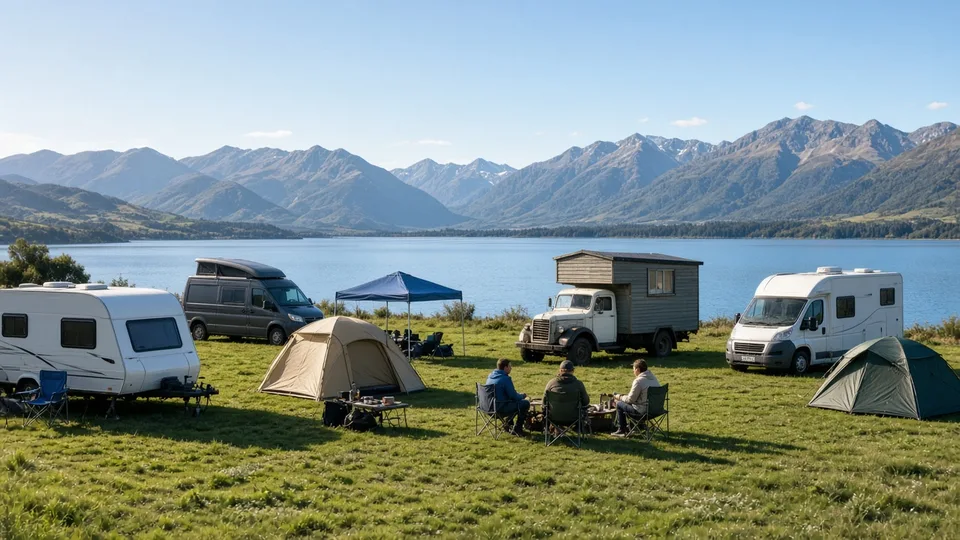 Illustration: caravans, campervans and tents beside a lake with mountains behind