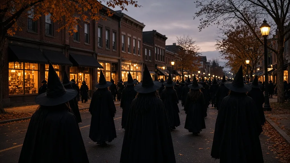 Illustration: people in witch costumes parading at dusk past small-town shopfronts