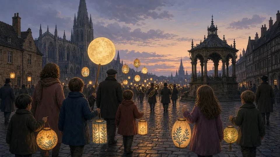 Illustration: families carrying glowing paper lanterns through an old cathedral-city street at dusk, with a large round lantern at the front and a band ahead