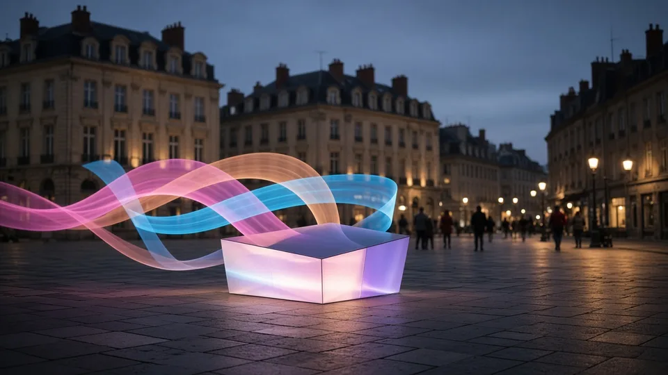 An abstract glowing light sculpture in a city square at dusk, with soft coloured light and distant pedestrians.