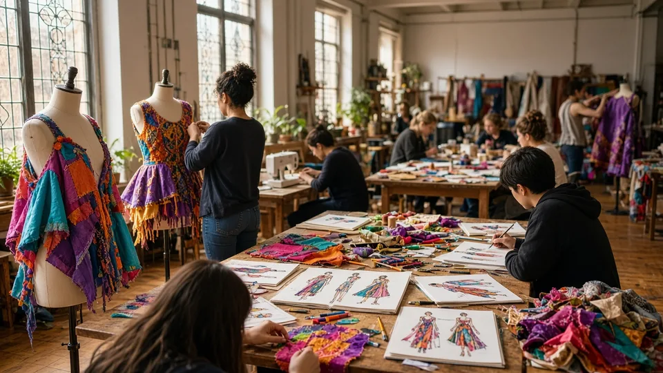 Illustration: young people sewing costumes and drawing illustrations in a community arts workshop