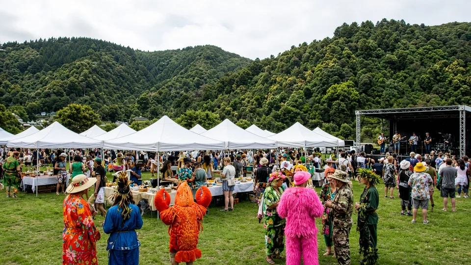 Illustration: people in colourful costumes at food stalls on a town green with a live music stage