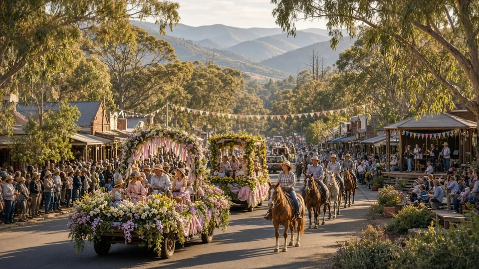 Illustration: flower-decked floats and riders on horseback in a country-town parade with mountains behind