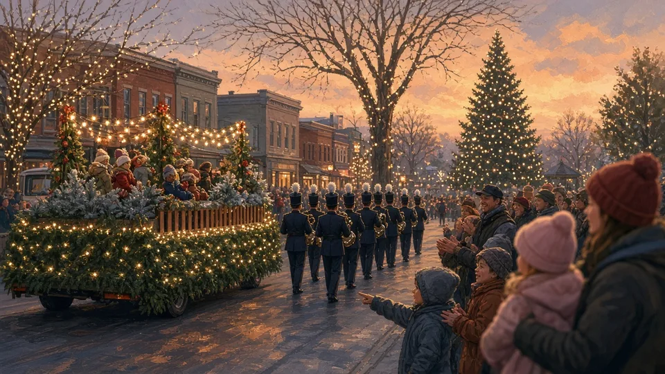 Illustration: a lit-up holiday float and marching band passing families on a small-town street at dusk, with a tall decorated tree in a park behind