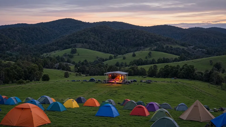 Illustration: tents in a green paddock below forested hills with an open-air stage lit at dusk