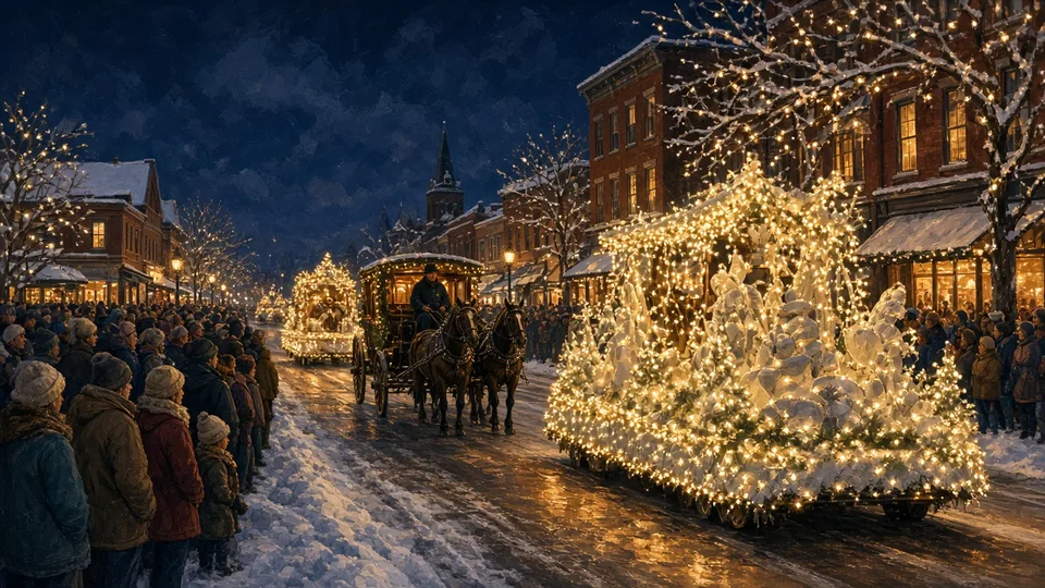 Illustration: light-covered parade floats and a horse-drawn carriage on a snowy downtown street at night