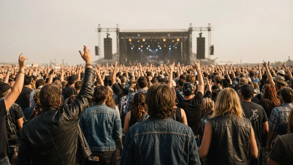 A rock festival crowd seen from behind, with raised hands facing a distant outdoor stage.