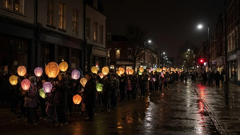 A community lantern parade at night on a wet high street, with handmade paper lanterns and families walking together.